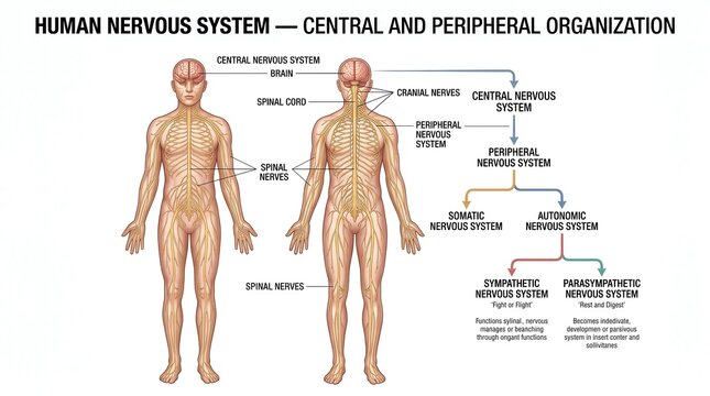 Human Nervous System Anatomy Chart Showing Central and Peripheral Organization with Detailed Labeled Anatomical Structures