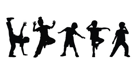 Fototapeta premium Black silhouette set of five children dancing, jumping, and moving energetically on a white background, representing youth, joy, play, physical activity, and expressive movement