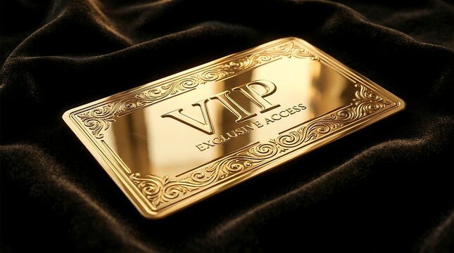 Golden metal VIP card display with exclusive access on a luxurious black velvet background