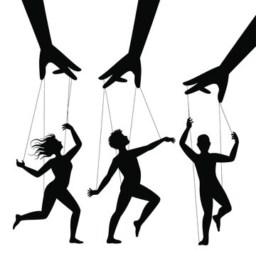 Black silhouette of three people being controlled by giant hands like puppets with strings attached, representing manipulation, social influence, and mind control concepts