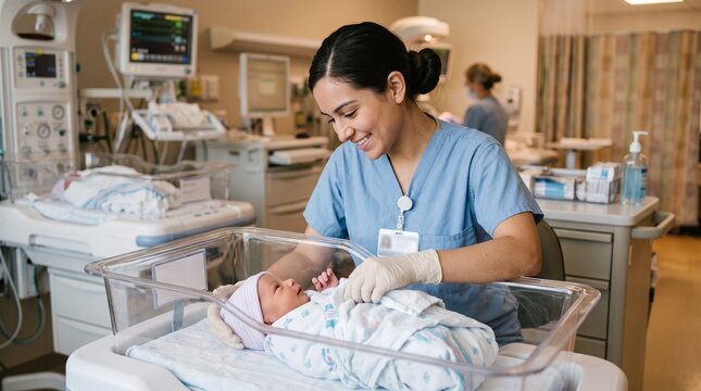 Female Nurse Caring for Newborn Baby in Hospital Bassinet