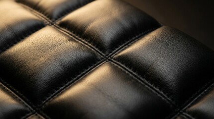 Fototapeta premium Luxury Black Quilted Synthetic Leather Texture Detail with Stitching and Soft Warm Lighting for Interior Design Backgrounds