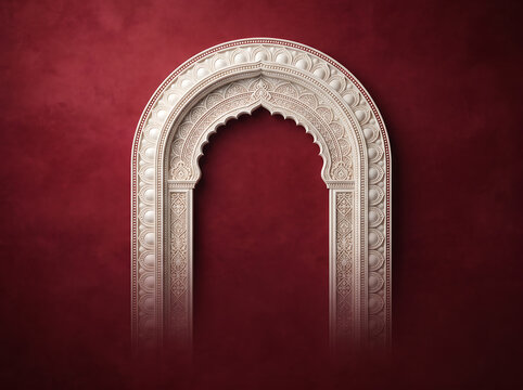 Ornate white stone archway on a textured red background