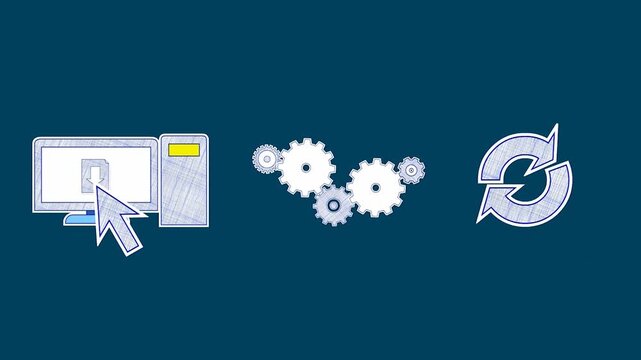 Computer screen clicking mouse with gears and sync icon 2d animation