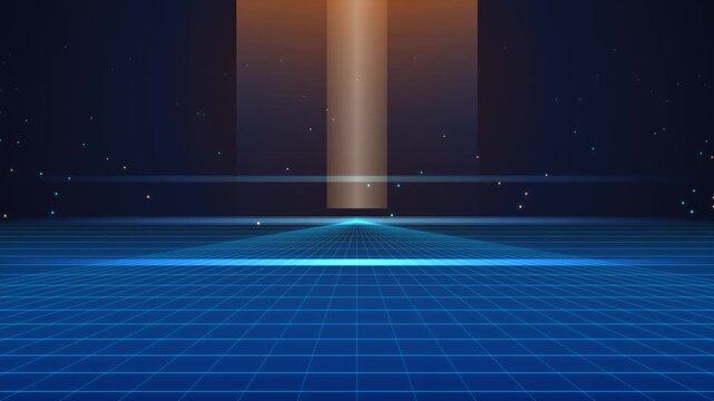 Futuristic Neon Blue Grid Perspective Animation with Glowing Center Light Column and Particle Effects