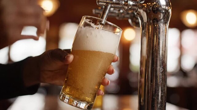 Pouring a frothy lager into a tall glass from a polished beer tap at a bar, highlighting the beverage's refreshing qualities