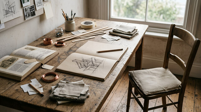 An artist's workspace with sketches, books, and art supplies on a wooden table and chair