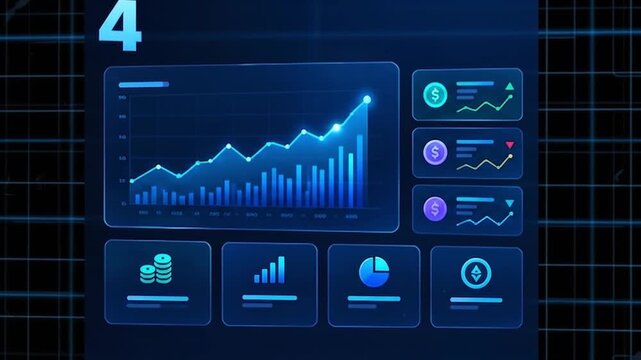 Data analysis stock market trading graph motion graphic with uptrend glowing lines and numbers.