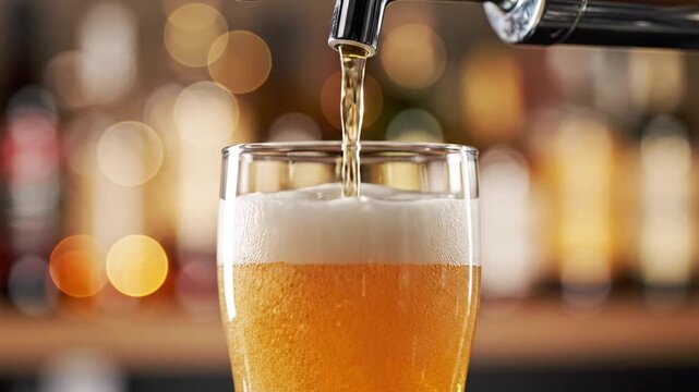Close-up of golden lager beer being poured into a glass, with a frothy head and blurred bar background