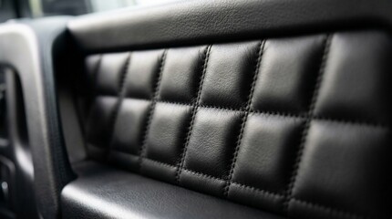 Fototapeta premium Close-up of black quilted synthetic leather upholstery on a car door interior panel with elegant stitching and luxury textured details.