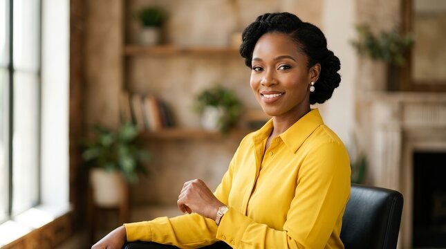 Smiling Black woman in a bright yellow blouse seated by a window in a warm modern interior with space for text