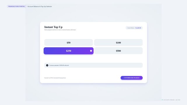 Instant top up transaction portal interface design animation showing account balance selector options with purple buttons