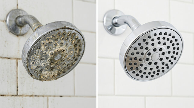 Before and after cleaning showerhead | Hard water stain removal bathroom | Cleaning limescale from chrome fixtures | Professional bathroom deep cleaning results