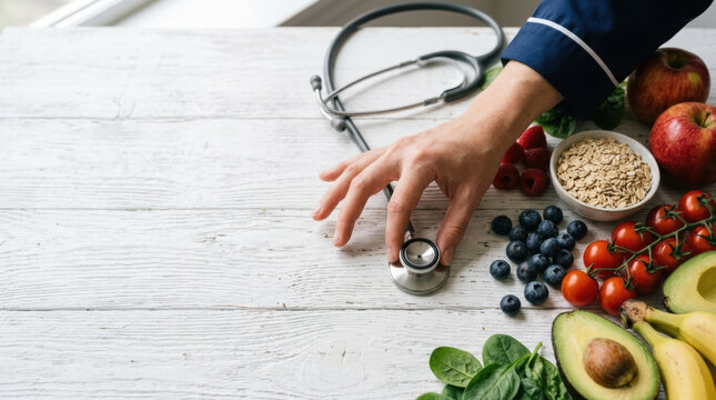 Healthy food nutrition stethoscope doctor hand fruit vegetable avocado blueberry oat