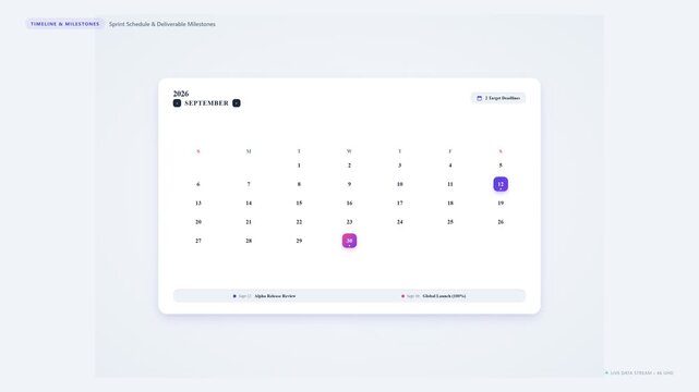 Interactive timeline and milestones sprint schedule interface displaying september calendar dates with highlighted deliverables in digital motion video footage