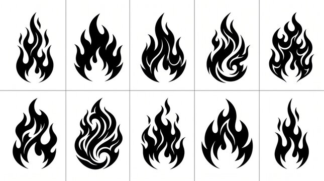 Minimalist black flame icon collection featuring ten stylized fire silhouettes with varied shapes, curves, tongues, and swirling details, arranged in two balanced rows on white background.