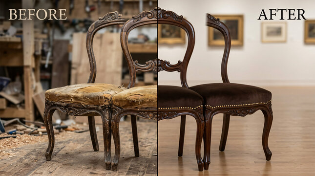Antique furniture restoration before and after | Vintage chair upholstery and repair | Professional wood refinishing process | Victorian furniture makeover project