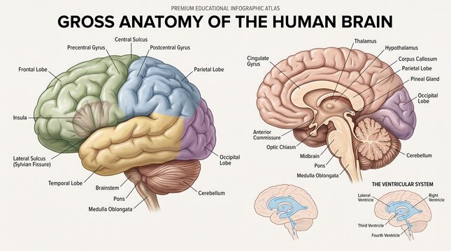 Human Brain Anatomy Infographic Chart Showing Lobes, Structures, and Ventricular System for Medical Education and Scientific Research