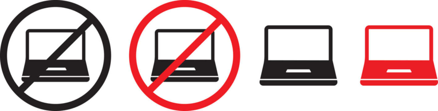 No laptop computer icon vector illustration with forbidden device symbol, Prohibited notebook sign flat design element, Stop PC vector graphic set