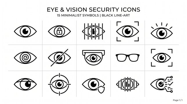 Minimalist black-and-white eye icon collection featuring 15 stylized eyes with pupils, lashes, geometric frames, mystical symbols, surveillance motifs, and varied decorative patterns arranged in rows.