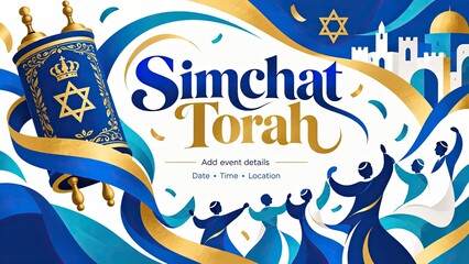 Obraz premium Colorful Simchat Torah celebration illustration featuring a Torah scroll, dancing figures, Jewish symbols, and space for event details.