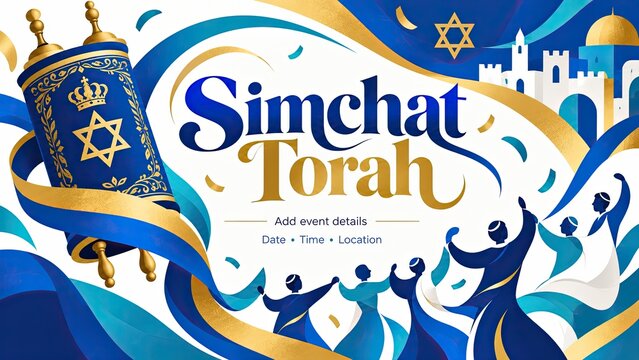 Colorful Simchat Torah celebration illustration featuring a Torah scroll, dancing figures, Jewish symbols, and space for event details.