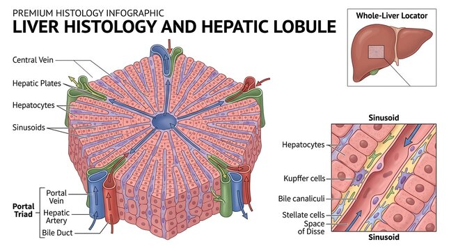 Liver Histology and Hepatic Lobule Anatomy Infographic Illustration for Medical Education and Scientific Research Study Materials