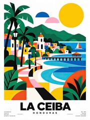 Fototapeta premium Colorful flat-design travel poster depicting La Ceiba, Honduras, with tropical palms, coastal bay, mountains, boats, pier, church, and bold typography.