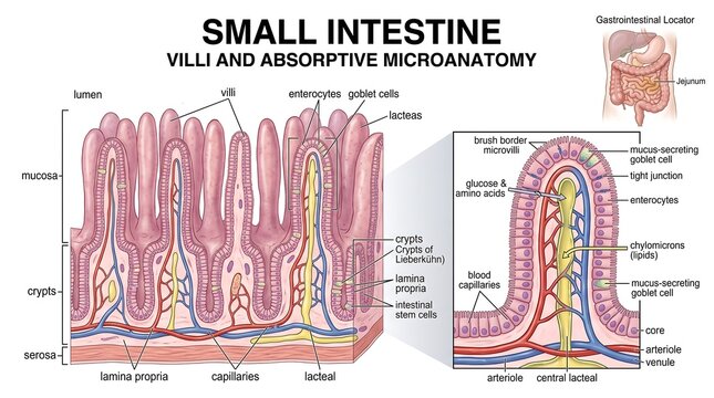 Small Intestine Villi and Microanatomy Educational Illustration Showing Absorptive Enterocytes and Crypts of Lieberk&uuml;hn