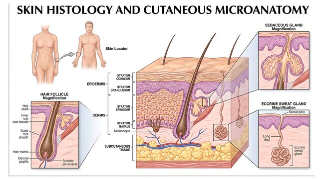 Skin Histology and Cutaneous Microanatomy Diagram Showing Epidermis Dermis and Hair Follicle Structure Illustration