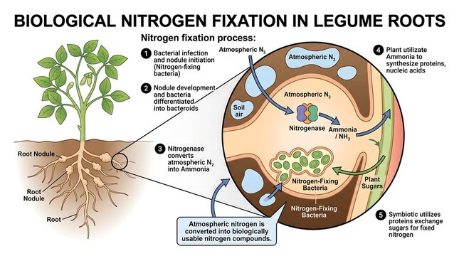 Biological Nitrogen Fixation in Legume Roots Infographic Illustrating Symbiotic Bacteria Process in Plant Root Nodules