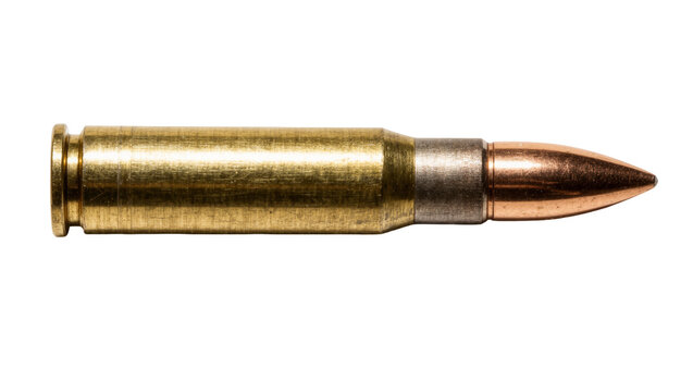 Golden brass bullet casing with silver band and copper projectile, isolated on transparent background
