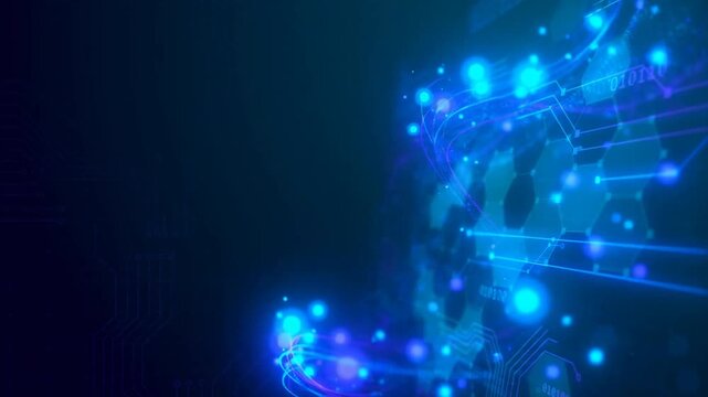 Glowing blue particles drifting upward on dark navy tech background