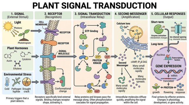 Plant Signal Transduction Pathway Infographic Illustrating Cellular Response Mechanisms and Biological Signaling Processes