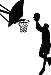 Black silhouette of a basketball player jumping to shoot a ball into the hoop, isolated on a white background, sports action, athletic competition, slam dunk © Md Nahid