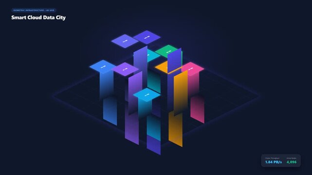 Isometric digital cloud data center infrastructure visualization with glowing neon blocks floating in dark cyberspace video footage