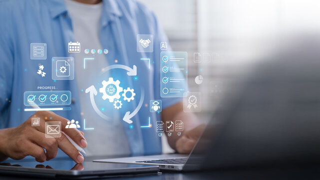 AI Workflow Automation with business professional using tablet and laptop, digital process dashboard with gears, progress checklist and enterprise workflow interface for operational efficiency