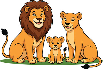 Fototapeta premium Cute Cartoon Lion Family Vector Illustration with Male Lion Lioness and Small Cub Sitting for Kids Safari Theme Designs and Children Storybooks