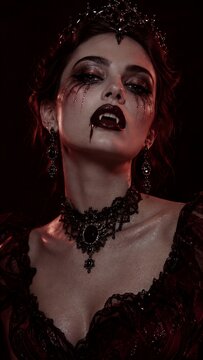 Vampire woman in gothic lace and jeweled headpiece with fanged makeup. Halloween gothic horror glam. Dark fantasy costume portrait. Beauty makeup and theatrical fashion.
