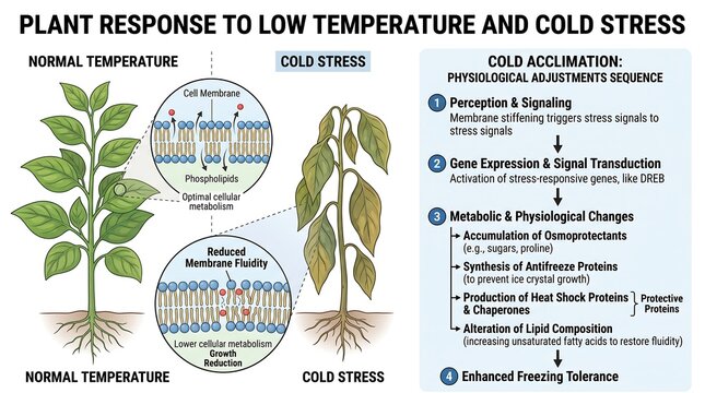 Plant Cold Stress Response and Acclimation Infographic Showing Physiological Changes and Cellular Membrane Adaptations in Biology