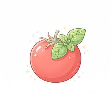 Cute hand-drawn illustration of a fresh red tomato with green basil leaves, isolated on a white background with whimsical sparkles, depicting healthy organic food.