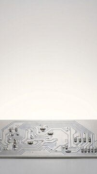 Electronic printed circuit board on bottom edge against white copy space vertical