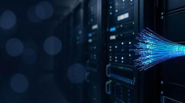 Glowing blue optical fiber cable bundle emitting light in dark datacenter with copy space