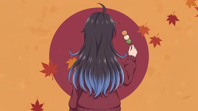 Anime girl from behind in autumn cardigan holding dango skewer under maple tree, warm amber background, seamless loop 2D cel animation, Japanese autumn anime style, faceless, silent 8s