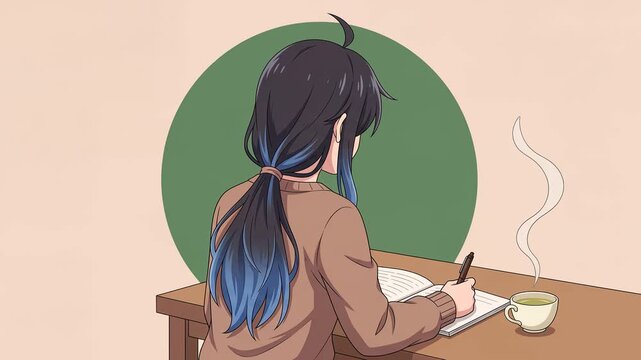 Anime girl from behind at wooden desk writing in notebook beside tea cup, soft beige background, seamless loop 2D cel animation, Japanese study anime style, faceless character, silent 8 seconds