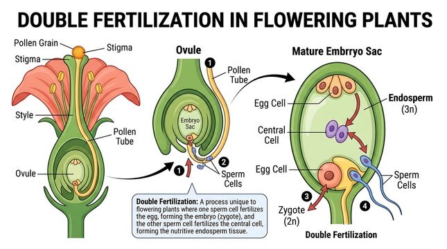 Double Fertilization in Flowering Plants Infographic Diagram Showing Pollen Tube Growth and Embryo Sac Development