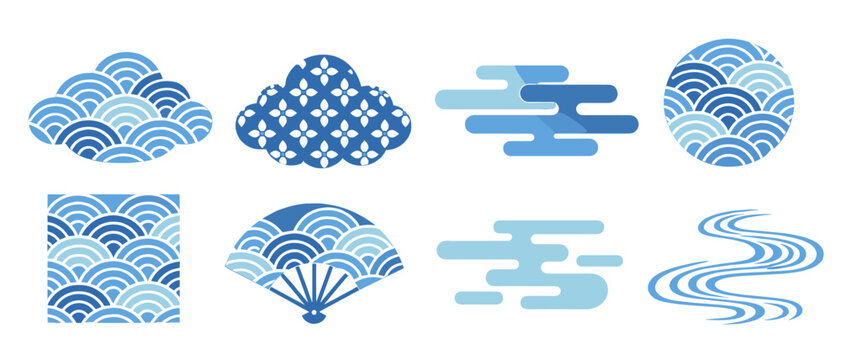 Japanese wave pattern icons with cloud fan and river