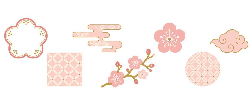 Japanese cherry blossom icons with plum flower and cloud pattern
