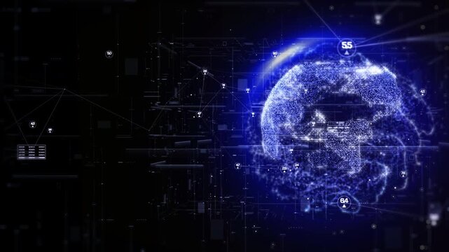 Abstract Digital Realistic Spinning Earth with Data Low Poly Numbers, Flare Ring, and Futuristic Network Lines. Global Business Communication and World Technology Concept. 