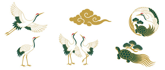 Obraz premium Japanese crane and turtle icons in gold and green traditional style